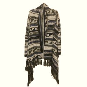 J Jill Aztec Print Fringe Sweater Open Waterfall Cardigan Wool Mohair M